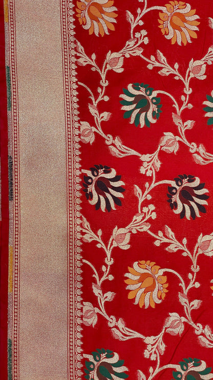 Faishana Presents Red Katan Silk Floral Mina Zari Jaal Boota with Banarasi Zari Border and Red Blouse