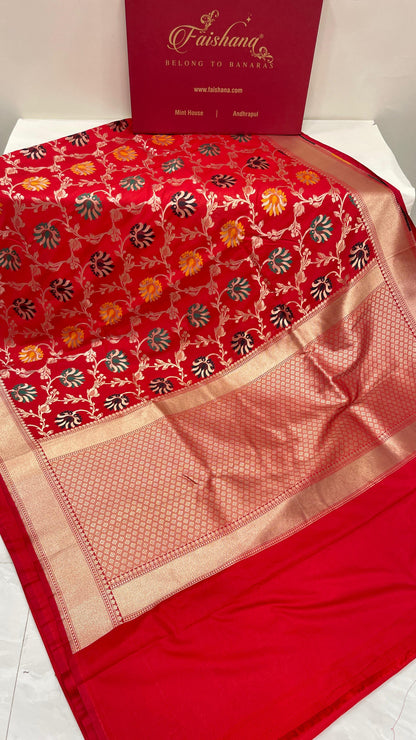 Faishana Presents Red Katan Silk Floral Mina Zari Jaal Boota with Banarasi Zari Border and Red Blouse