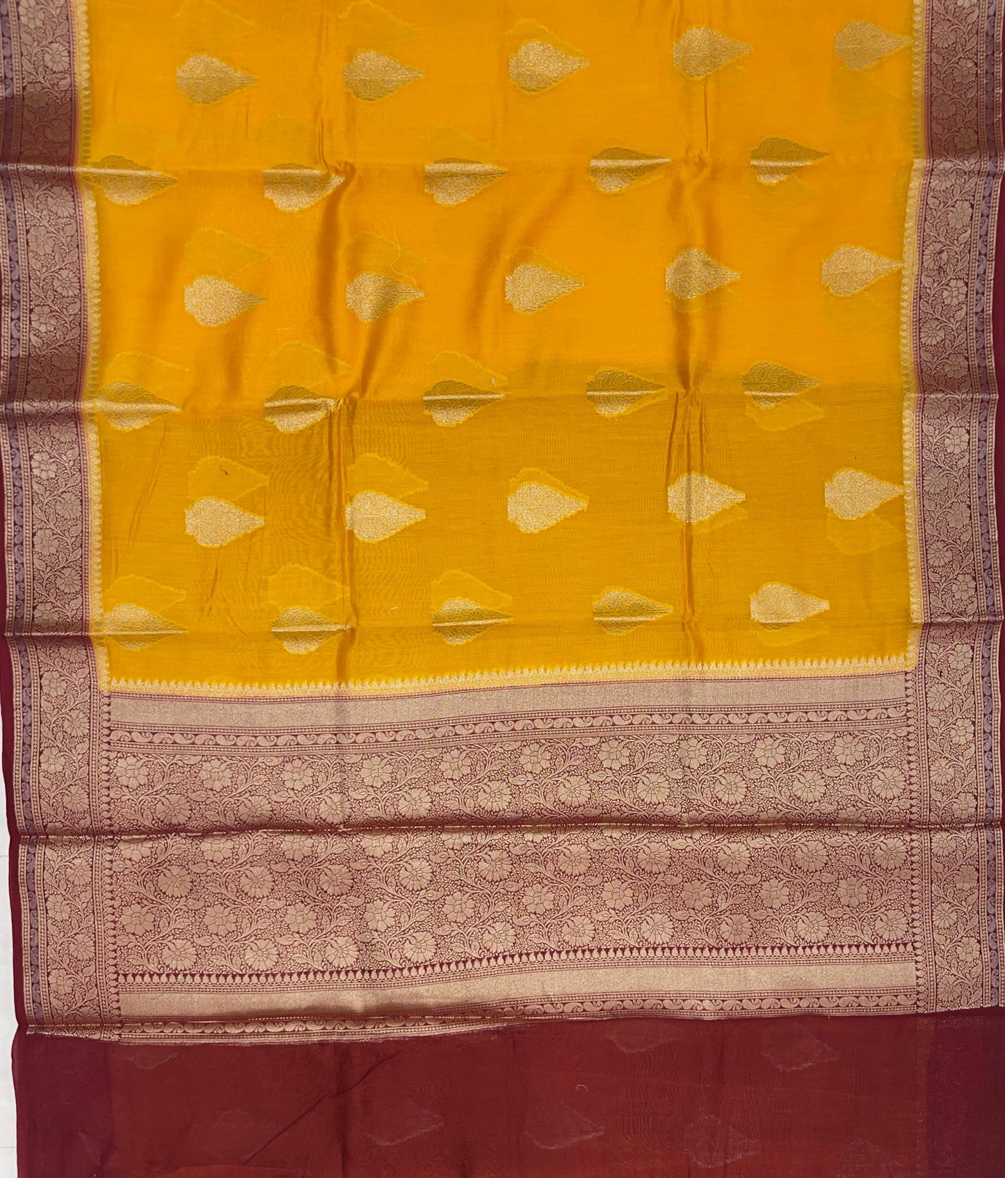 Faishana Pure Handloom Gold Cotton Golden Floral Zari Booti Contrast Maroon Floral Zari Jaal Border and Pallu with Maroon Blouse