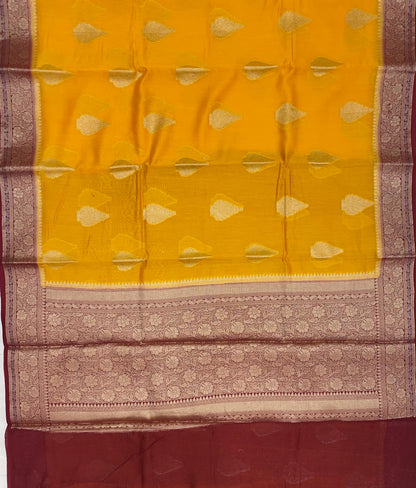 Faishana Pure Handloom Gold Cotton Golden Floral Zari Booti Contrast Maroon Floral Zari Jaal Border and Pallu with Maroon Blouse