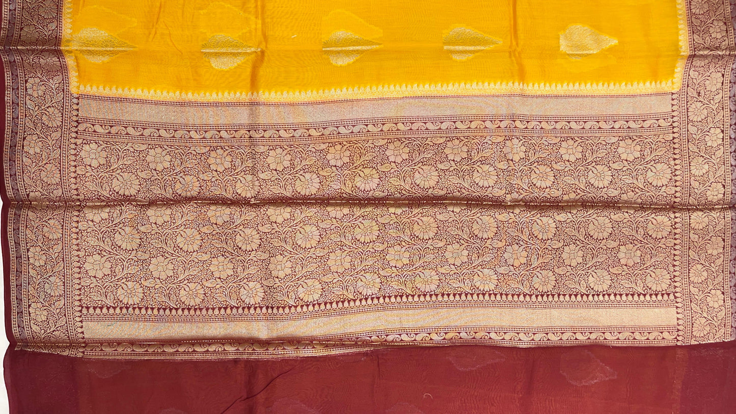 Faishana Pure Handloom Gold Cotton Golden Floral Zari Booti Contrast Maroon Floral Zari Jaal Border and Pallu with Maroon Blouse
