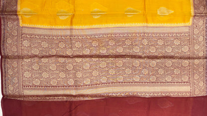 Faishana Pure Handloom Gold Cotton Golden Floral Zari Booti Contrast Maroon Floral Zari Jaal Border and Pallu with Maroon Blouse