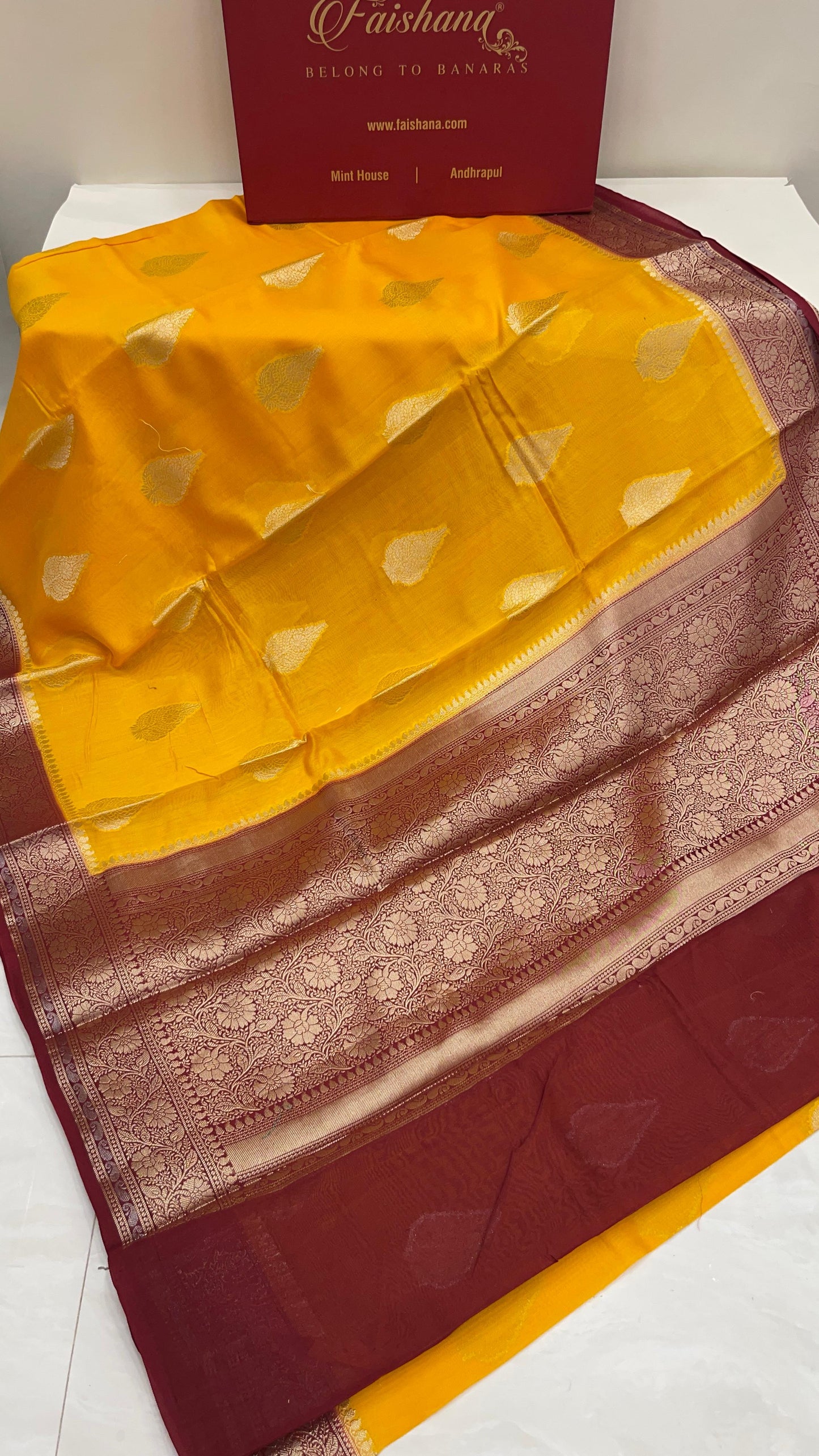 Faishana Pure Handloom Gold Cotton Golden Floral Zari Booti Contrast Maroon Floral Zari Jaal Border and Pallu with Maroon Blouse
