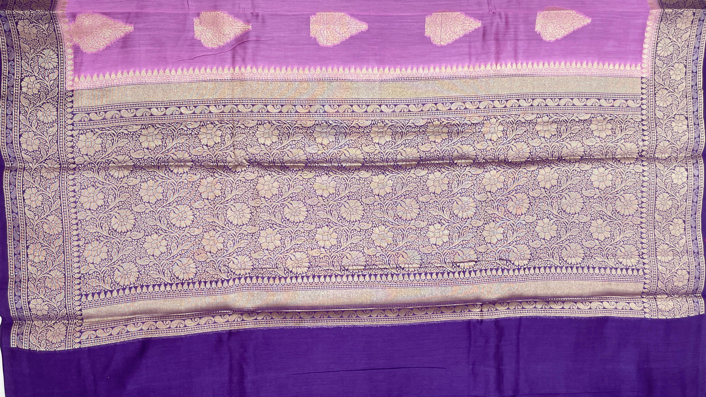 Faishana Pure Handloom Light Purple Cotton Golden Floral Zari Booti Contrast Violet Floral Zari Jaal Border and Pallu with Violet Blouse