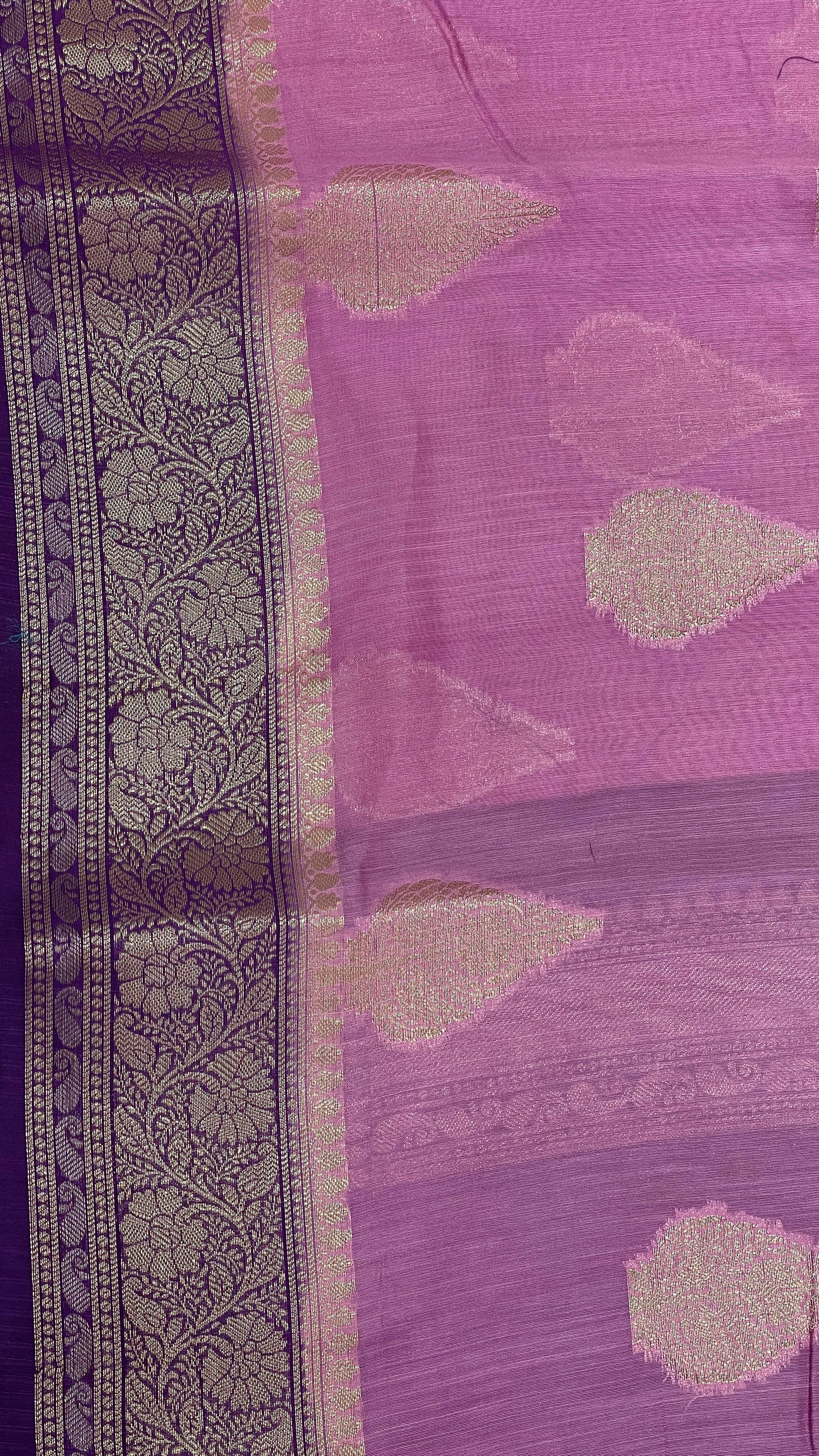 Faishana Pure Handloom Light Purple Cotton Golden Floral Zari Booti Contrast Violet Floral Zari Jaal Border and Pallu with Violet Blouse