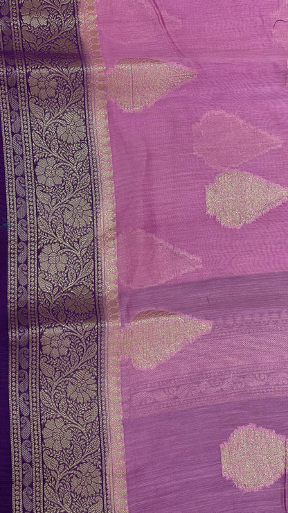 Faishana Pure Handloom Light Purple Cotton Golden Floral Zari Booti Contrast Violet Floral Zari Jaal Border and Pallu with Violet Blouse