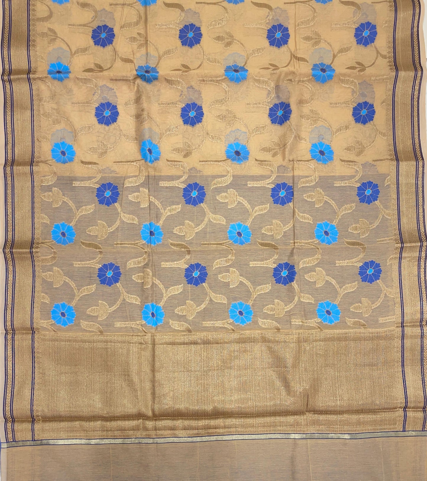 Faishana Presents Beige Cotton Golden Floral Zari Mina Boota Zari Jaal with Banarasi Zari Border and Pallu and Contrast Blue Blouse