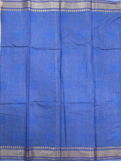 Faishana Presents Beige Cotton Golden Floral Zari Mina Boota Zari Jaal with Banarasi Zari Border and Pallu and Contrast Blue Blouse