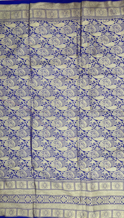 Faishana Presents Pink Katan Silk Golden Zari Chunri Booti with Contrast Blue Paisley Pallu and Skirt Zari Border with Blue Blouse