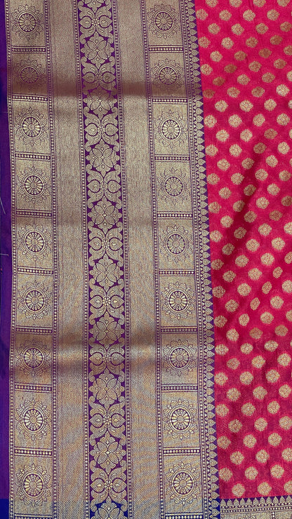 Faishana Presents Pink Katan Silk Golden Zari Chunri Booti with Contrast Blue Paisley Pallu and Skirt Zari Border with Blue Blouse