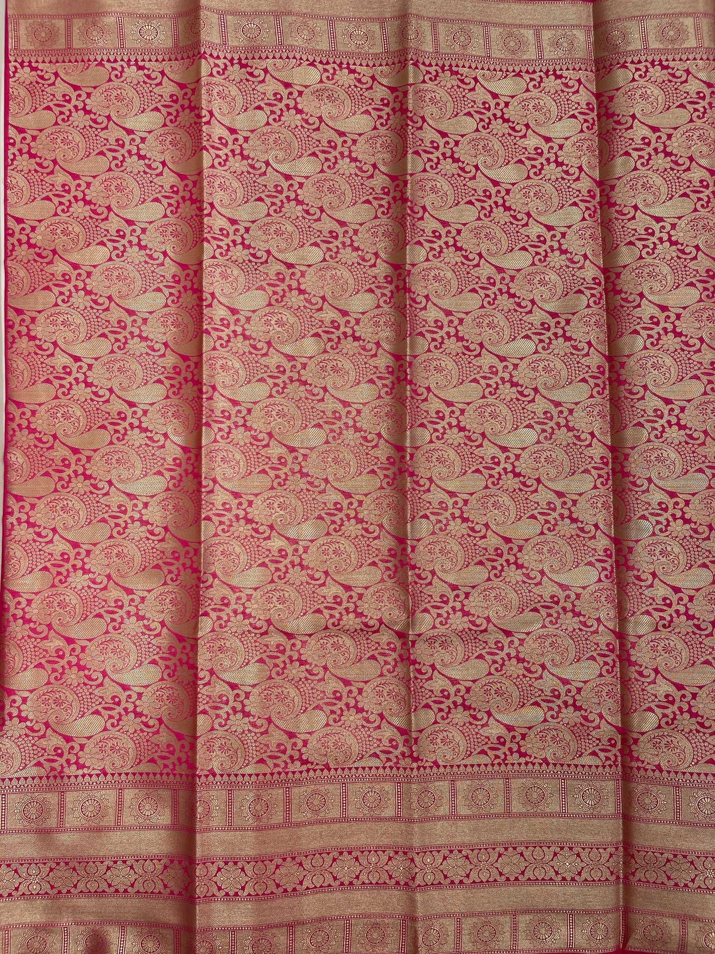 Faishana Presents Black Katan Silk Golden Zari Chunri Booti with Contrast Pink Paisley Pallu and Skirt Zari Border with Pink Blouse