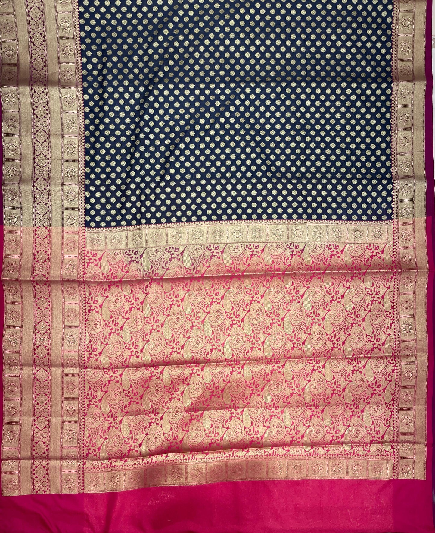 Faishana Presents Black Katan Silk Golden Zari Chunri Booti with Contrast Pink Paisley Pallu and Skirt Zari Border with Pink Blouse