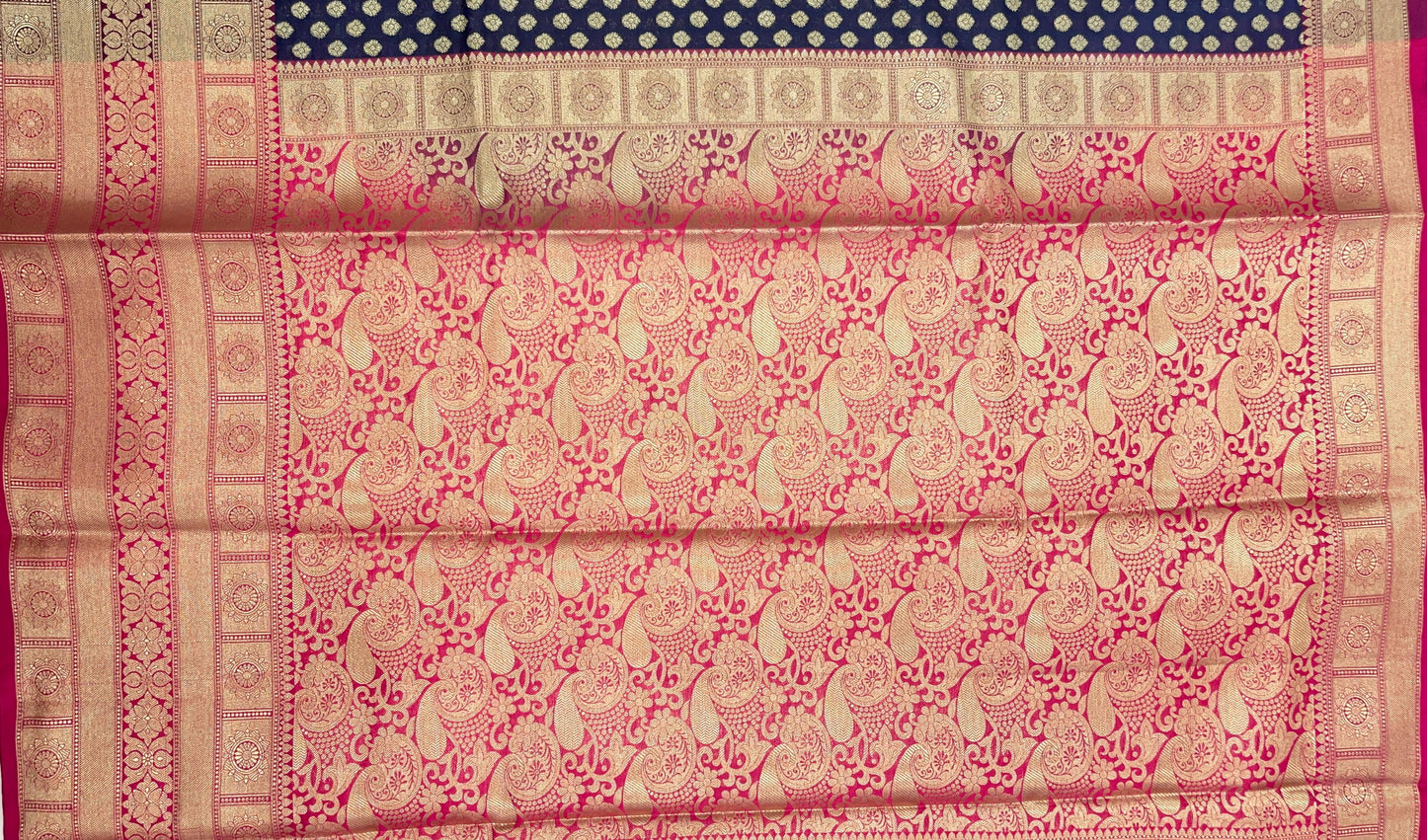 Faishana Presents Black Katan Silk Golden Zari Chunri Booti with Contrast Pink Paisley Pallu and Skirt Zari Border with Pink Blouse