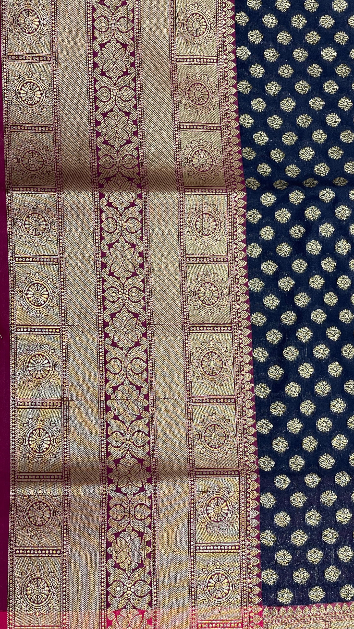 Faishana Presents Black Katan Silk Golden Zari Chunri Booti with Contrast Pink Paisley Pallu and Skirt Zari Border with Pink Blouse