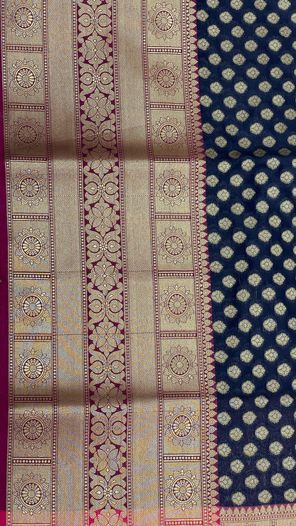 Faishana Presents Black Katan Silk Golden Zari Chunri Booti with Contrast Pink Paisley Pallu and Skirt Zari Border with Pink Blouse