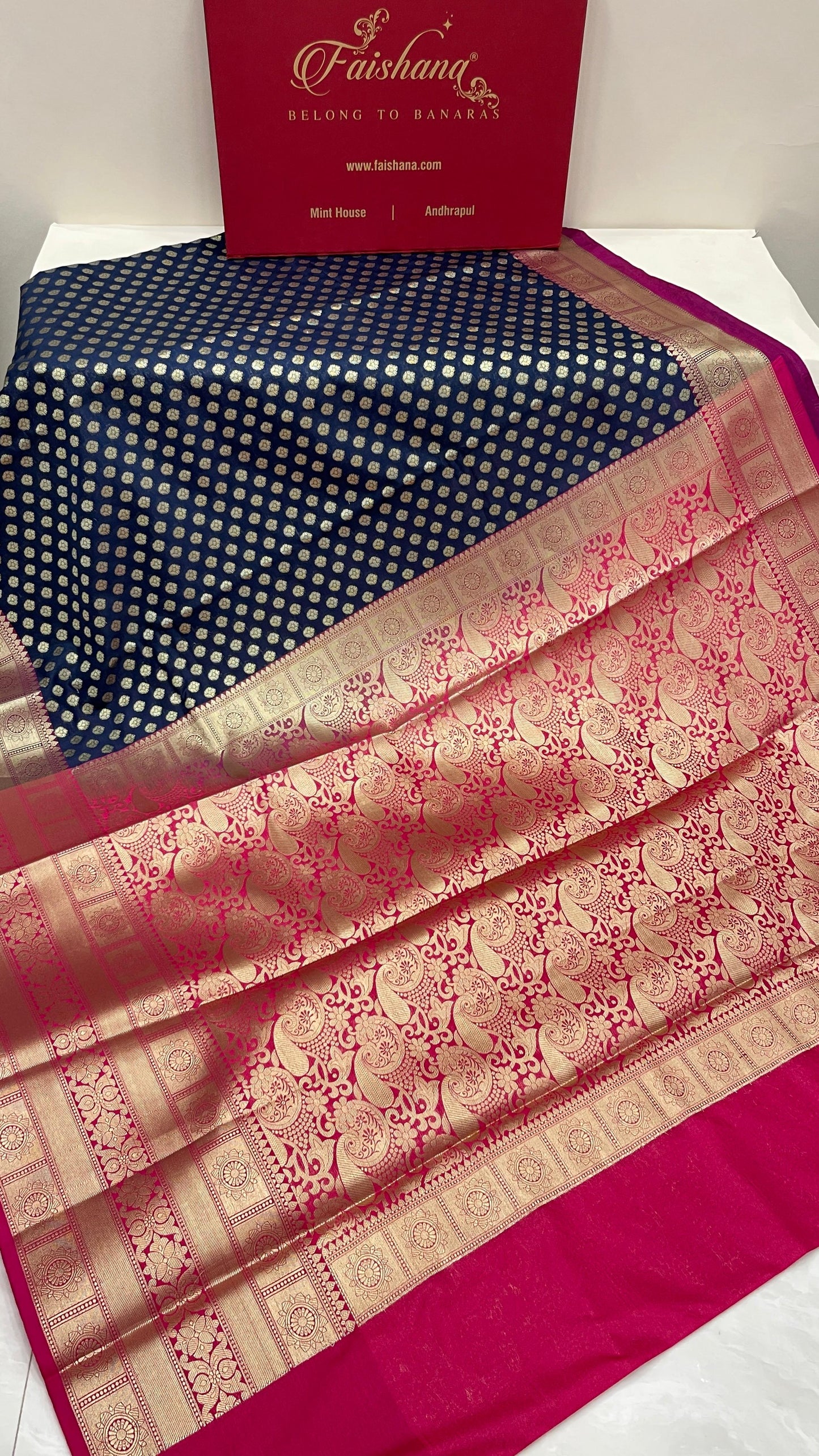 Faishana Presents Black Katan Silk Golden Zari Chunri Booti with Contrast Pink Paisley Pallu and Skirt Zari Border with Pink Blouse