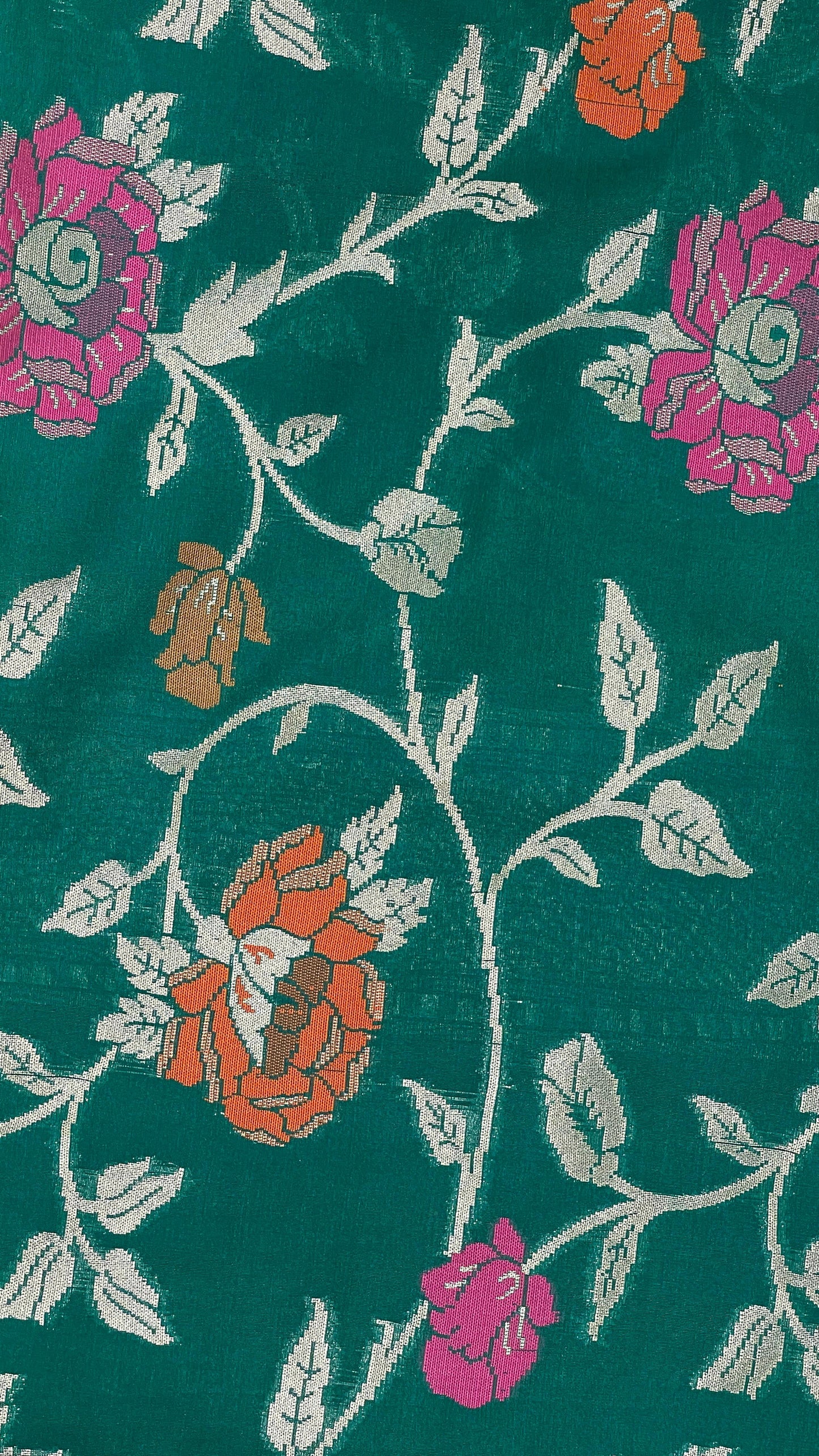 Faishana Presents Dark Green Katan Silk Golden Zari Floral Tilfi Mina Jaal Banarasi Dual Shade Zari Border and Floral Jaal Pallu with Green Blouse