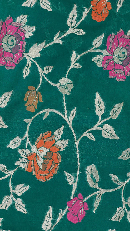 Faishana Presents Dark Green Katan Silk Golden Zari Floral Tilfi Mina Jaal Banarasi Dual Shade Zari Border and Floral Jaal Pallu with Green Blouse