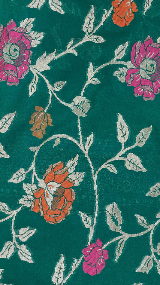 Faishana Presents Dark Green Katan Silk Golden Zari Floral Tilfi Mina Jaal Banarasi Dual Shade Zari Border and Floral Jaal Pallu with Green Blouse