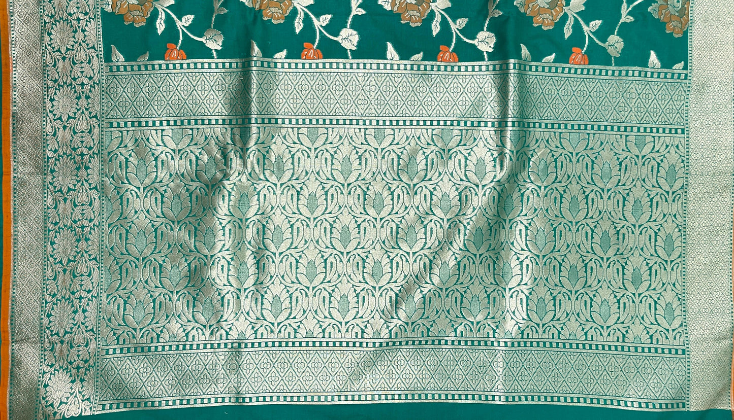 Faishana Presents Dark Green Katan Silk Golden Zari Floral Tilfi Mina Jaal Banarasi Dual Shade Zari Border and Floral Jaal Pallu with Green Blouse