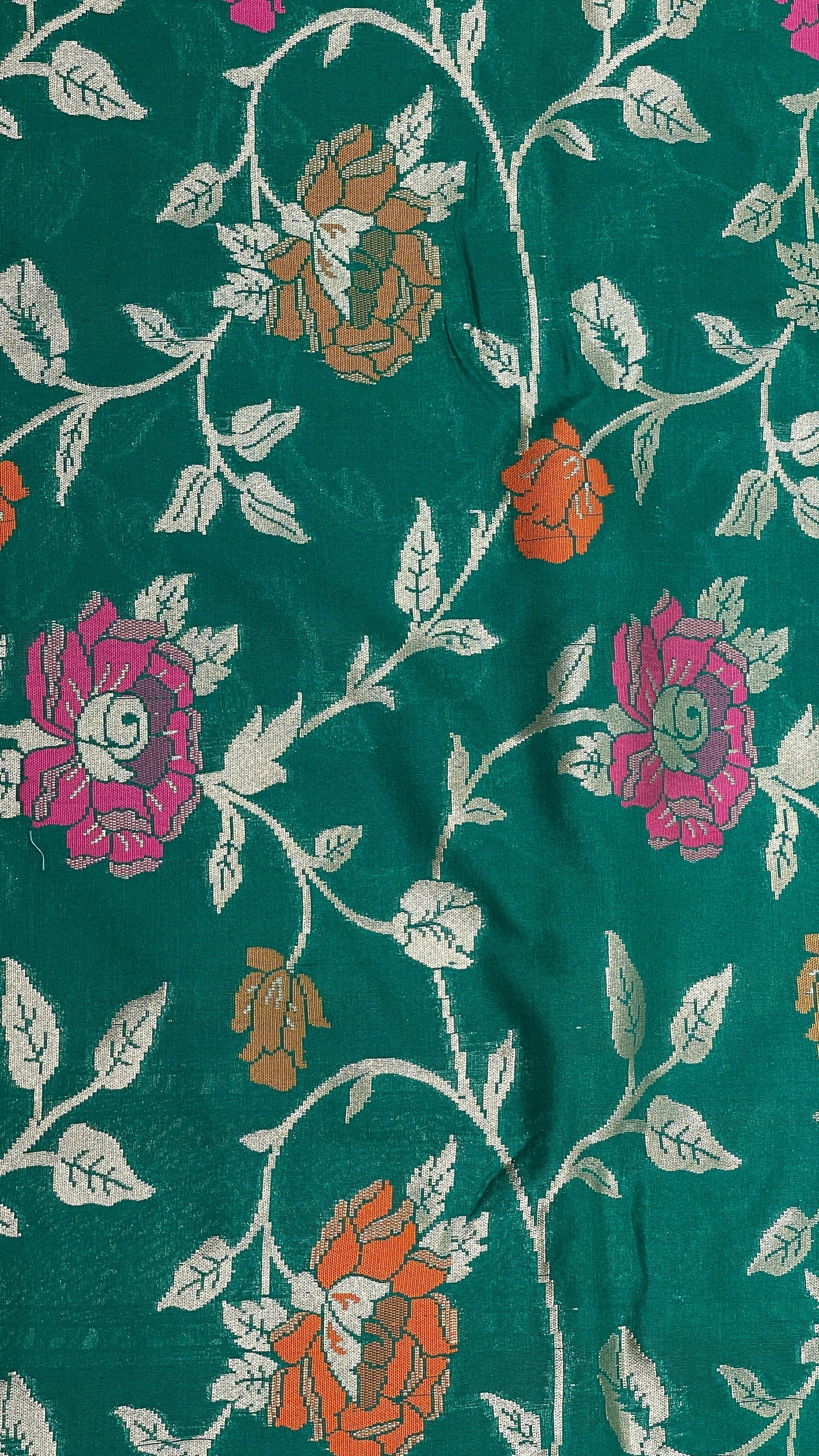 Faishana Presents Dark Green Katan Silk Golden Zari Floral Tilfi Mina Jaal Banarasi Dual Shade Zari Border and Floral Jaal Pallu with Green Blouse
