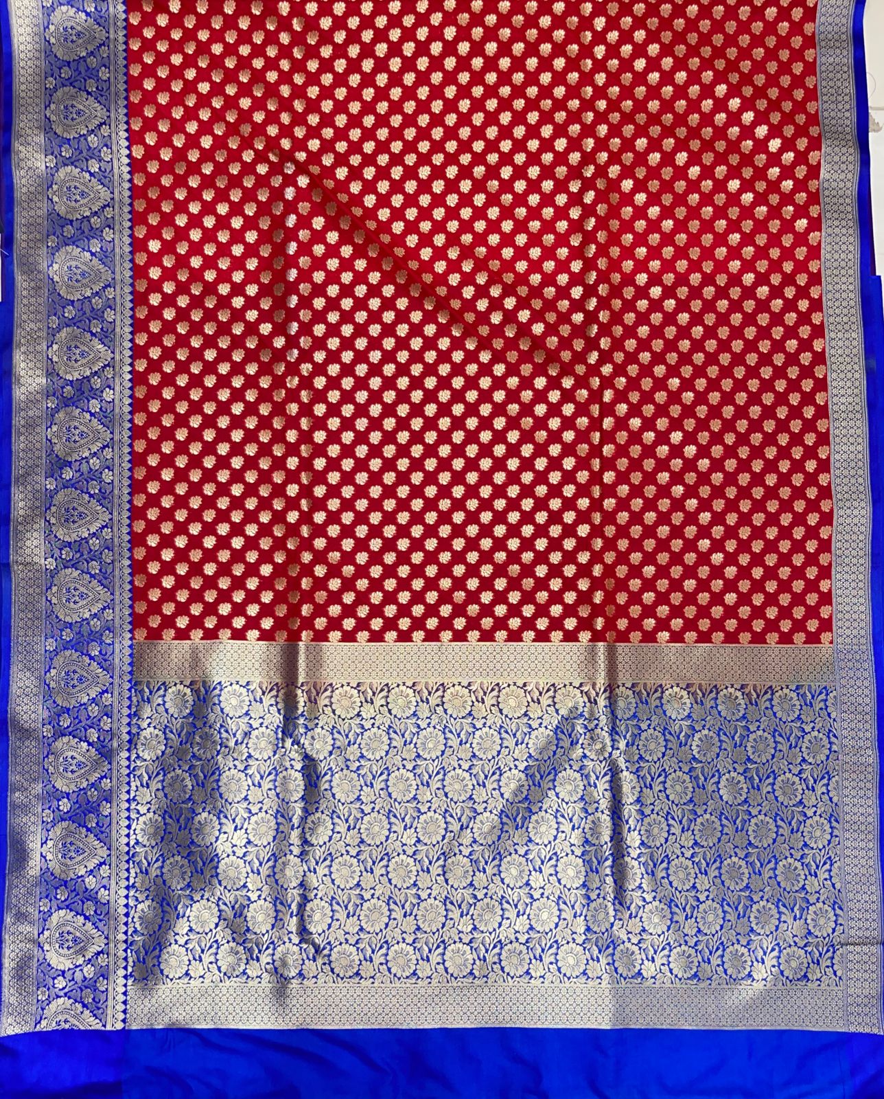 Faishana Presents Red Katan Silk Golden Zari Floral Chunri Booti with Contrast Blue Silver Zari Border and Floral Jaal Pallu with Blue Blouse