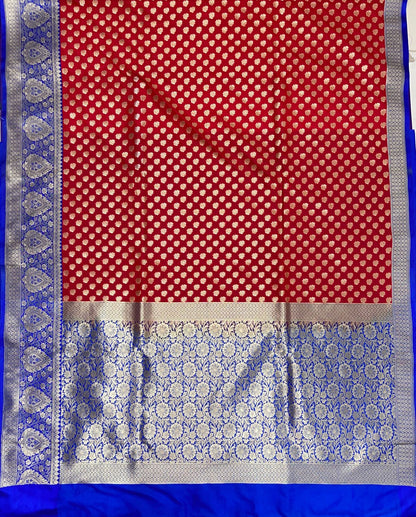 Faishana Presents Red Katan Silk Golden Zari Floral Chunri Booti with Contrast Blue Silver Zari Border and Floral Jaal Pallu with Blue Blouse