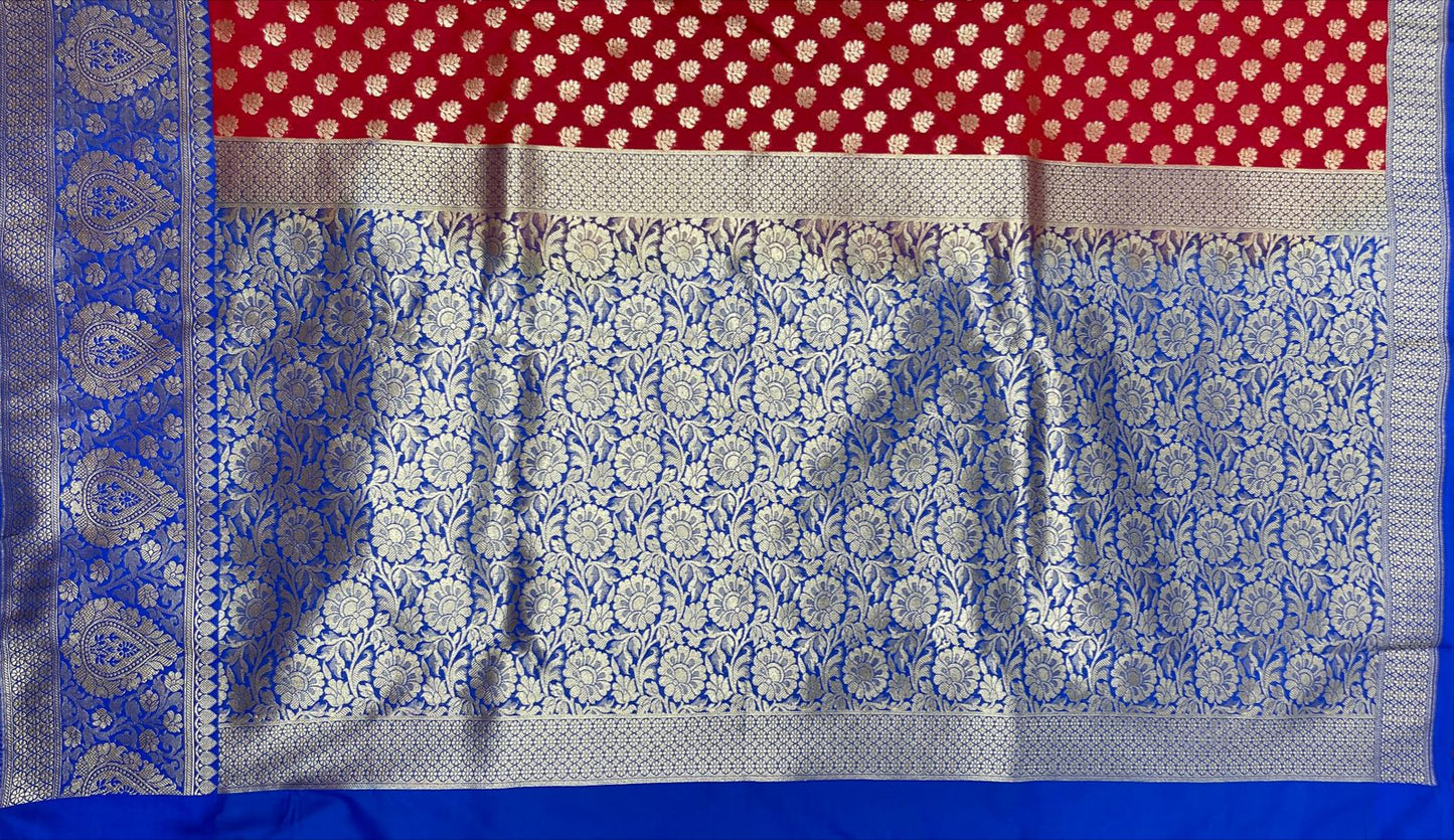 Faishana Presents Red Katan Silk Golden Zari Floral Chunri Booti with Contrast Blue Silver Zari Border and Floral Jaal Pallu with Blue Blouse