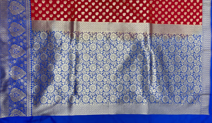 Faishana Presents Red Katan Silk Golden Zari Floral Chunri Booti with Contrast Blue Silver Zari Border and Floral Jaal Pallu with Blue Blouse