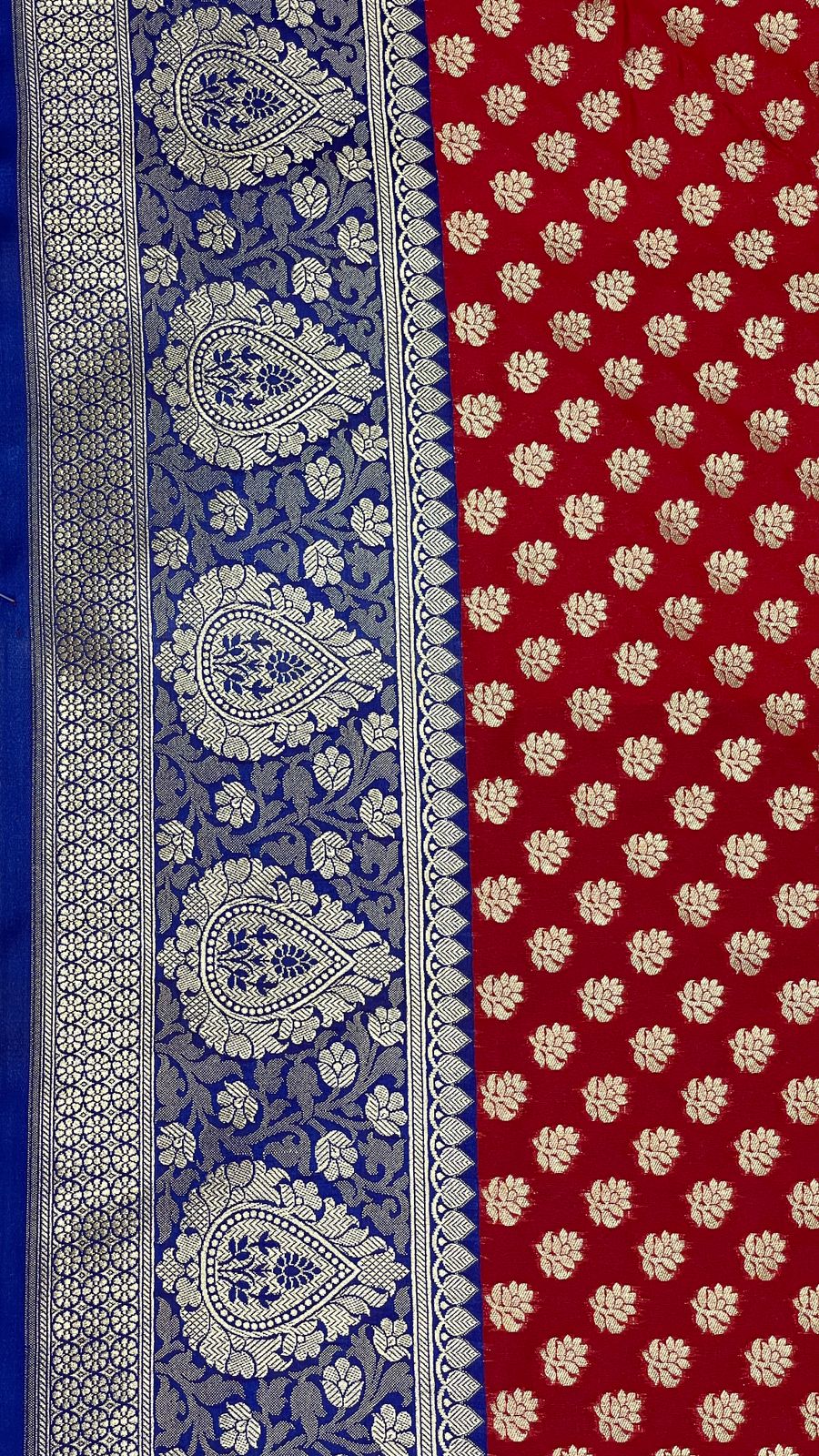 Faishana Presents Red Katan Silk Golden Zari Floral Chunri Booti with Contrast Blue Silver Zari Border and Floral Jaal Pallu with Blue Blouse