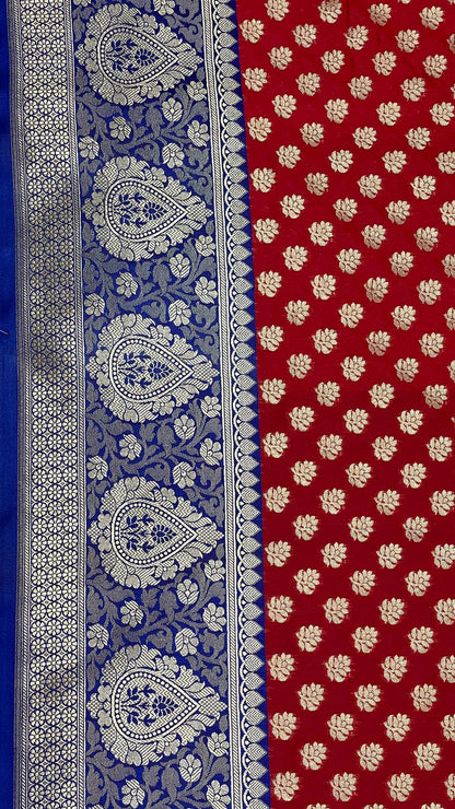 Faishana Presents Red Katan Silk Golden Zari Floral Chunri Booti with Contrast Blue Silver Zari Border and Floral Jaal Pallu with Blue Blouse