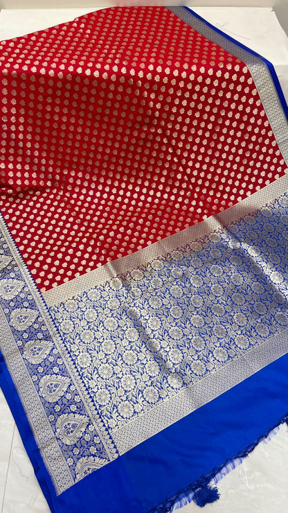 Faishana Presents Red Katan Silk Golden Zari Floral Chunri Booti with Contrast Blue Silver Zari Border and Floral Jaal Pallu with Blue Blouse