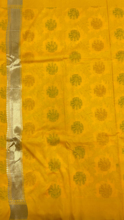 Faishana Presents Gold Katan Silk Floral Minakari Boota Golden Zari Jaal with Banarasi Zari Border and Gold Blouse