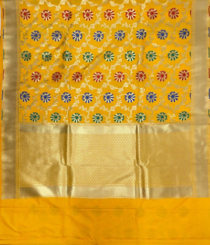 Faishana Presents Gold Katan Silk Floral Minakari Boota Golden Zari Jaal with Banarasi Zari Border and Gold Blouse