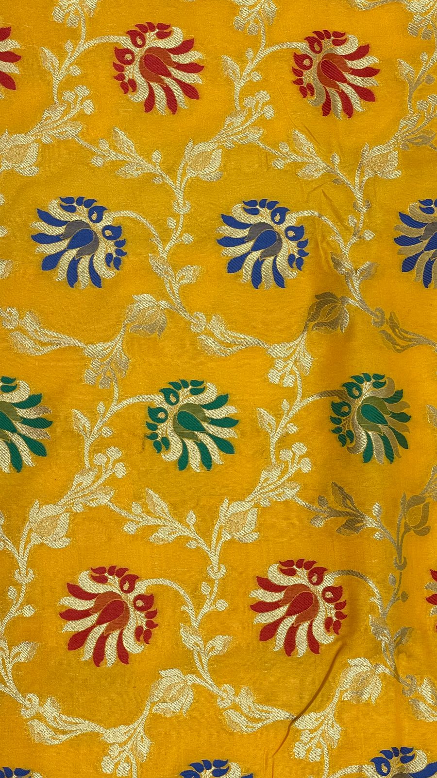 Faishana Presents Gold Katan Silk Floral Minakari Boota Golden Zari Jaal with Banarasi Zari Border and Gold Blouse