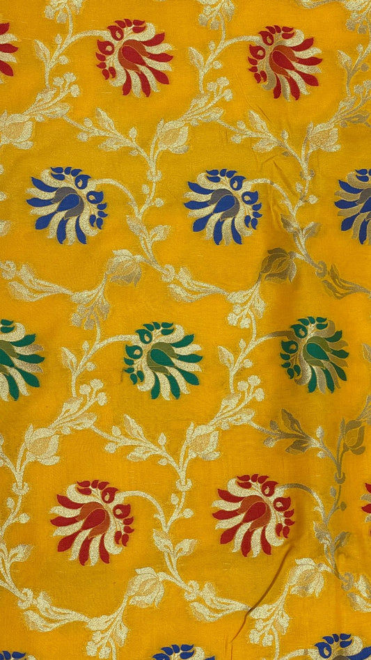 Faishana Presents Gold Katan Silk Floral Minakari Boota Golden Zari Jaal with Banarasi Zari Border and Gold Blouse