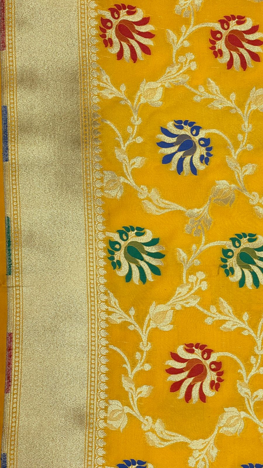 Faishana Presents Gold Katan Silk Floral Minakari Boota Golden Zari Jaal with Banarasi Zari Border and Gold Blouse