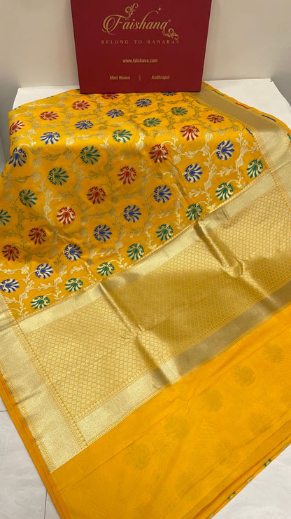 Faishana Presents Gold Katan Silk Floral Minakari Boota Golden Zari Jaal with Banarasi Zari Border and Gold Blouse