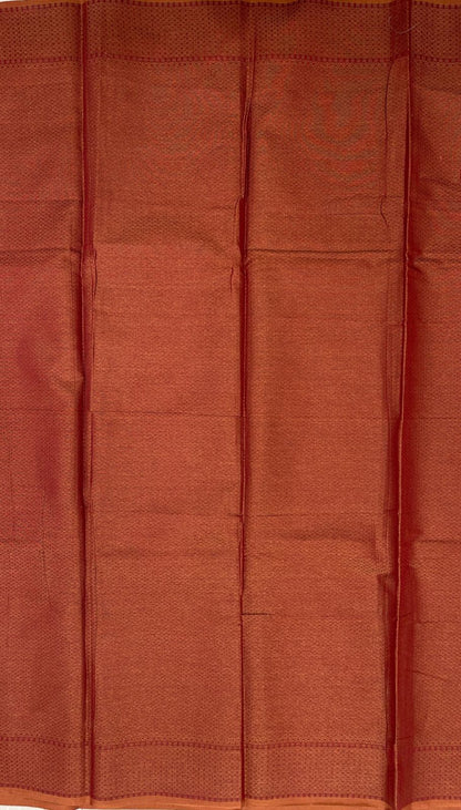 Faishana Presents Peach Cotton Golden Floral Zari Booti with Banarasi Zari Border and Zig-Zag Boota Pallu and Peach Blouse
