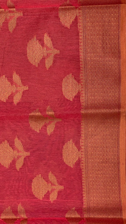 Faishana Presents Peach Cotton Golden Floral Zari Booti with Banarasi Zari Border and Zig-Zag Boota Pallu and Peach Blouse