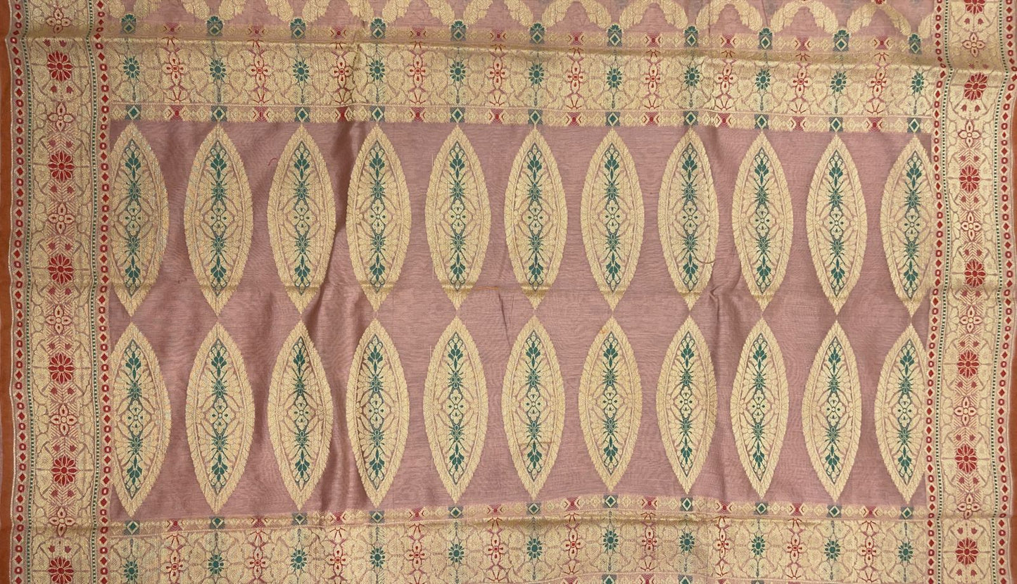 Faishana Presents Light Mauve Cotton Golden Zari Striped Mina Jaal with Minakari Zari Border and Big Pallu with Mauve Blouse