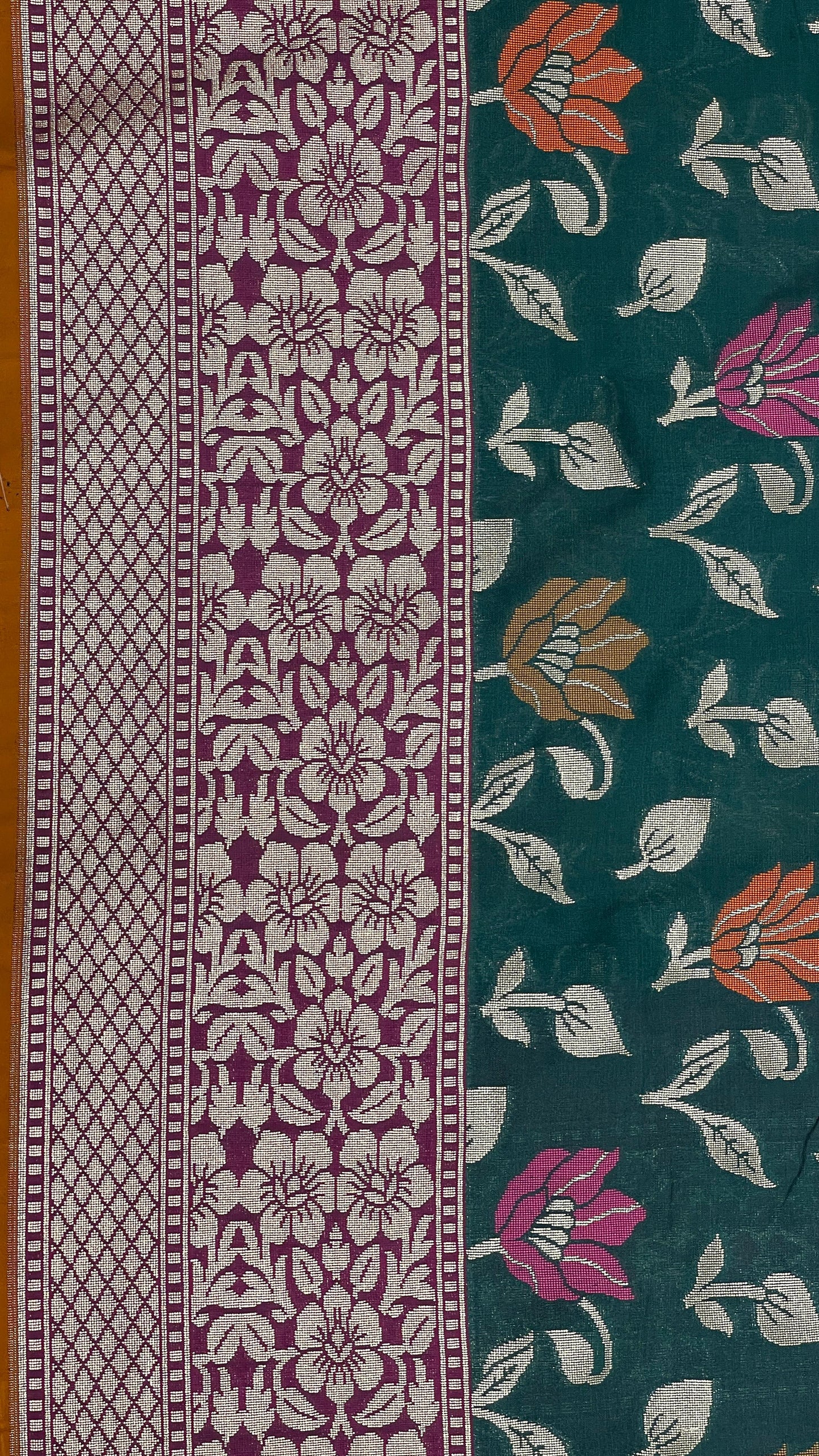 Faishana Presents Dark Green Katan Silk Zari Floral Mina Boota with Contrast Pink Floral Zari Border and Pink Blouse