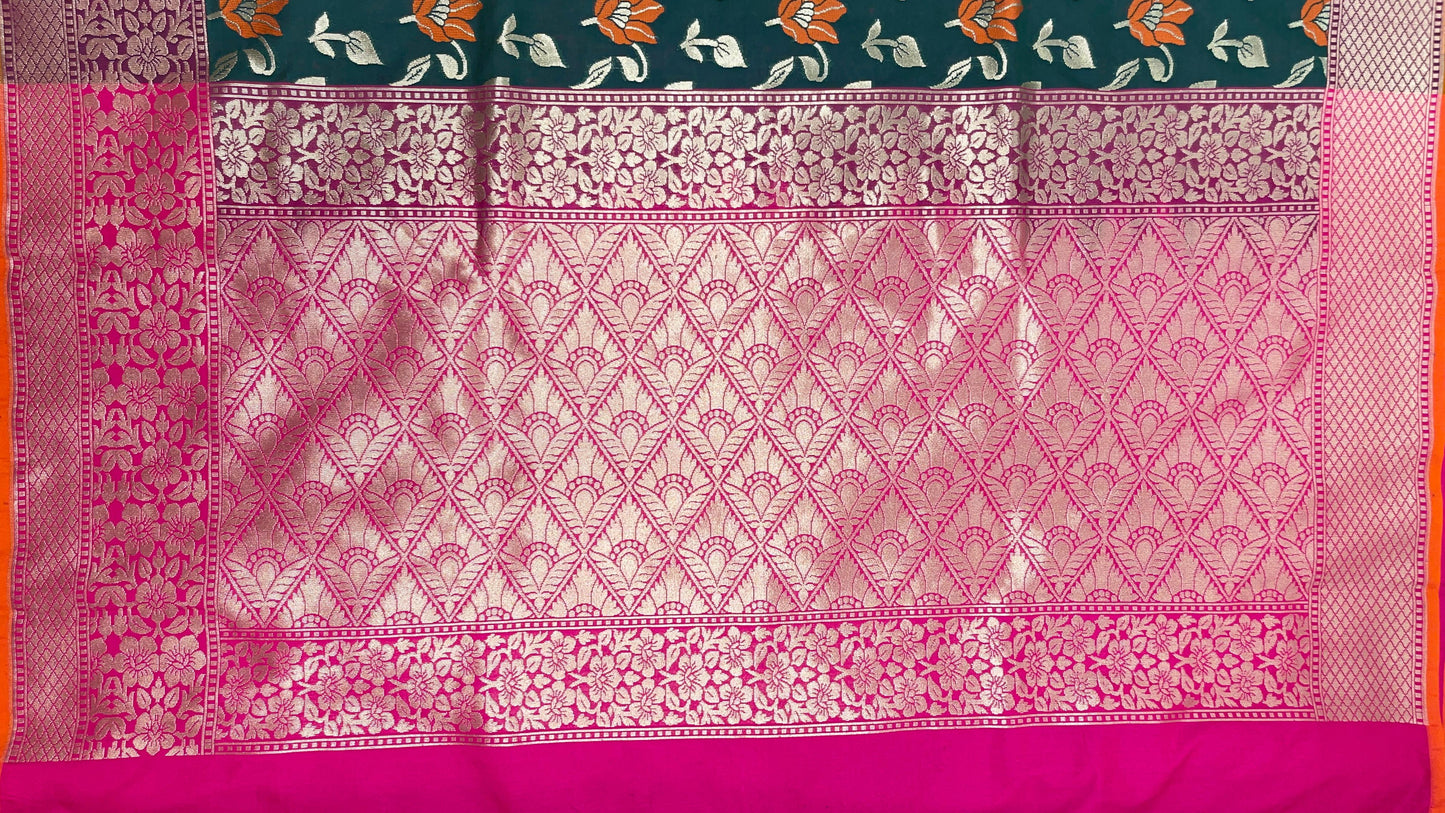 Faishana Presents Dark Green Katan Silk Zari Floral Mina Boota with Contrast Pink Floral Zari Border and Pink Blouse