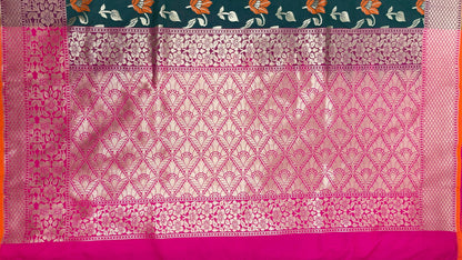 Faishana Presents Dark Green Katan Silk Zari Floral Mina Boota with Contrast Pink Floral Zari Border and Pink Blouse