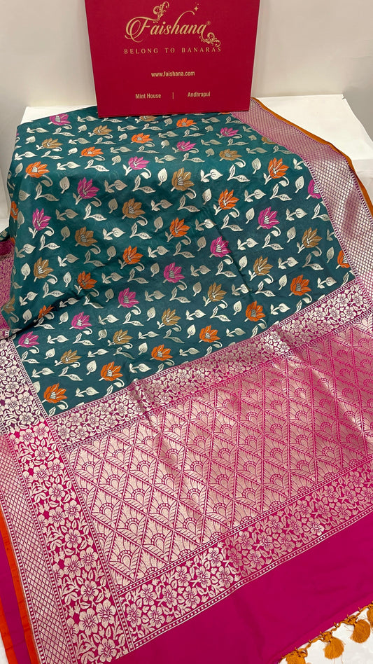 Faishana Presents Dark Green Katan Silk Zari Floral Mina Boota with Contrast Pink Floral Zari Border and Pink Blouse