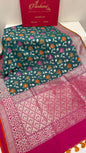 Faishana Presents Dark Green Katan Silk Zari Floral Mina Boota with Contrast Pink Floral Zari Border and Pink Blouse