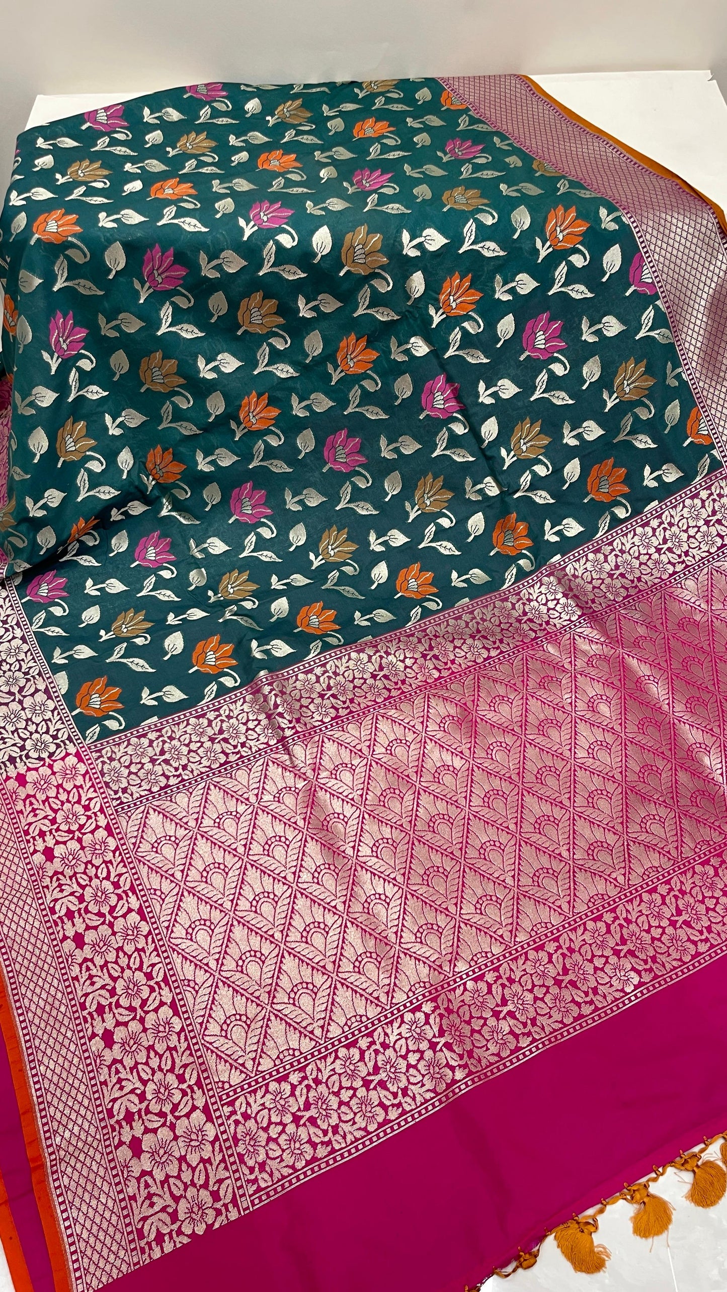 Faishana Presents Dark Green Katan Silk Zari Floral Mina Boota with Contrast Pink Floral Zari Border and Pink Blouse