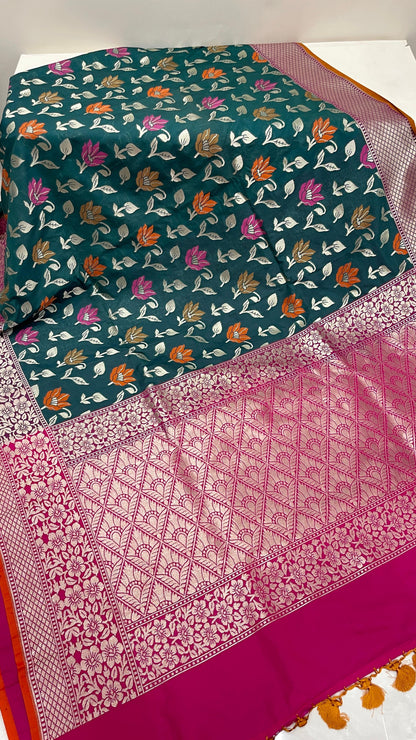 Faishana Presents Dark Green Katan Silk Zari Floral Mina Boota with Contrast Pink Floral Zari Border and Pink Blouse