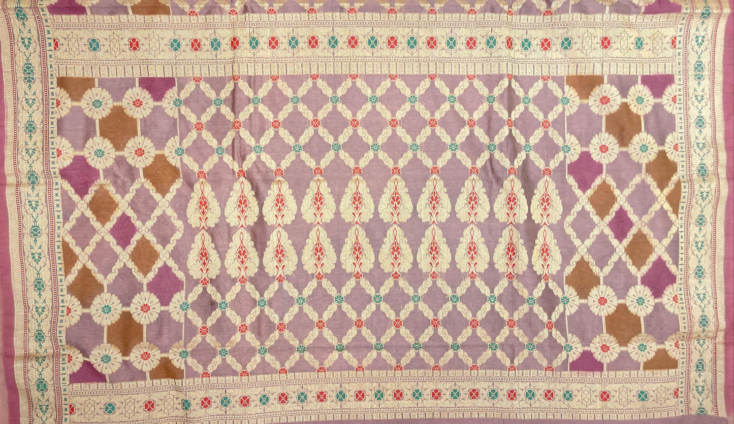 Faishana Presents Light Purple Cotton Zari Striped Mina Jaal with Skirt Rangkaat Zari Border and Bandhej Pallu with Light Purple Blouse