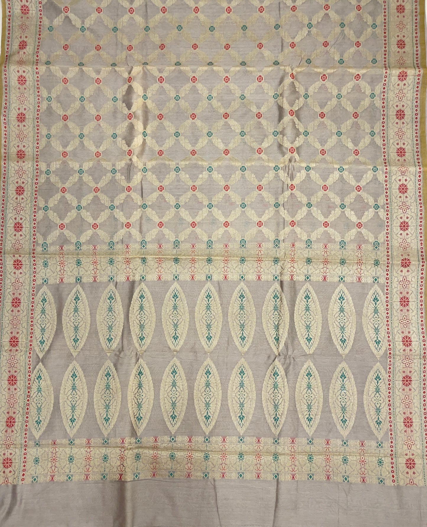 Faishana Presents Grey Cotton Zari Striped Mina Jaal with Skirt Rangkaat Zari Border and Bandhej Pallu with Grey Blouse